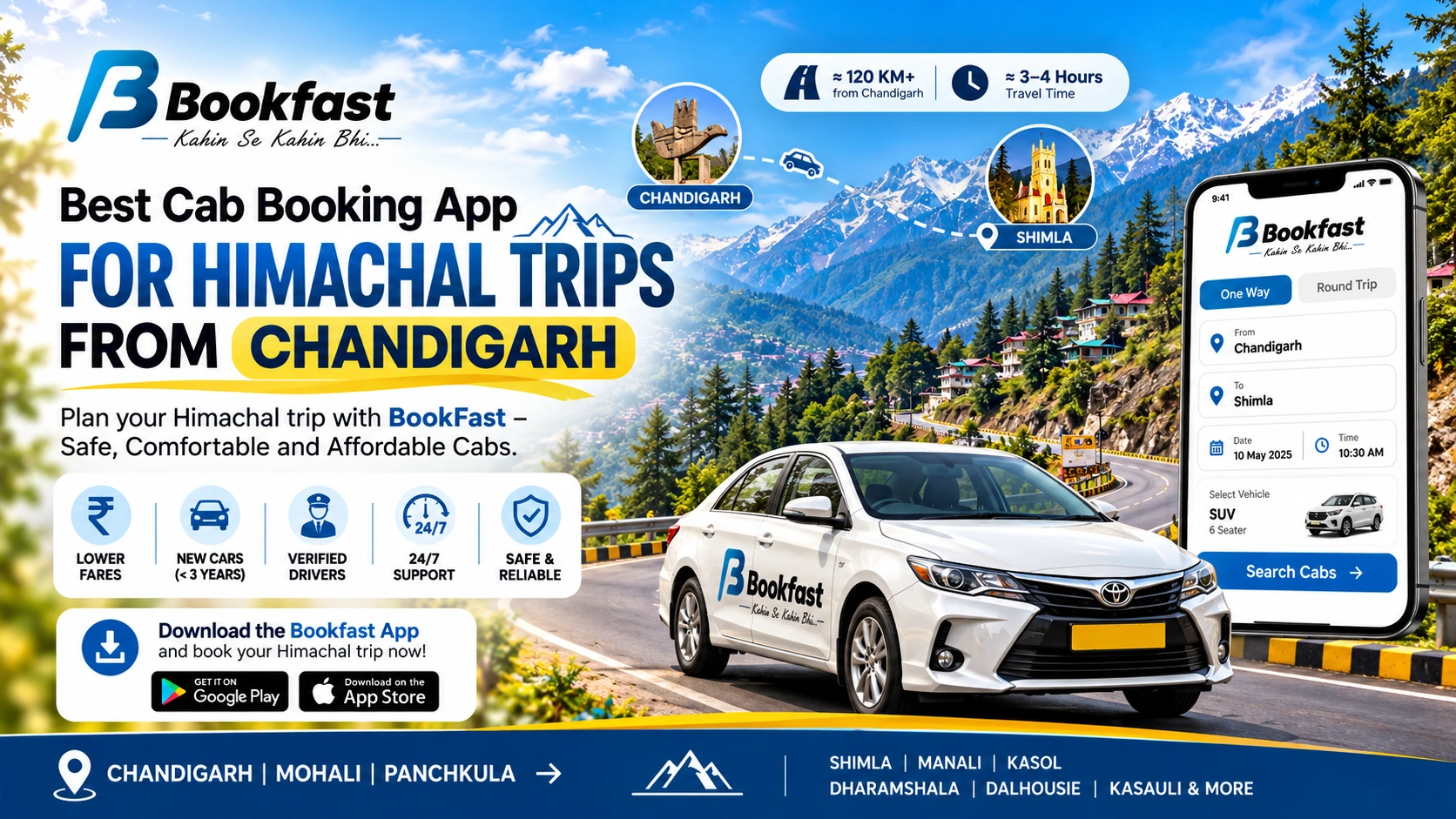 Best Cab Booking App for Himachal Trips from Chandigarh, Mohali & Panchkula – Download Bookfast App